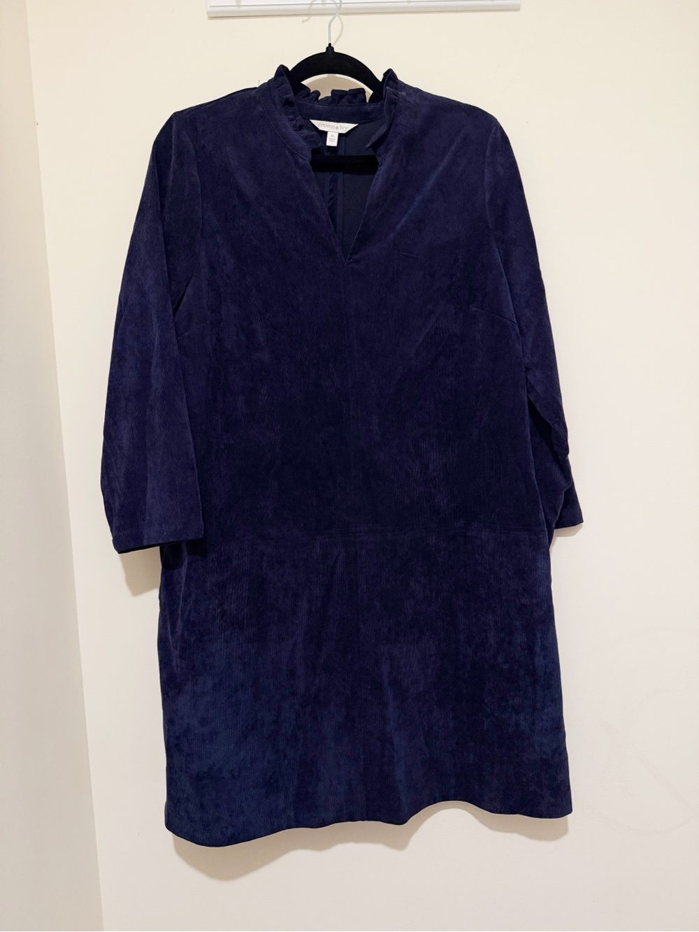 crown & ivy Navy Corduroy Long-Sleeve Shift Dress with Ruffle Collar